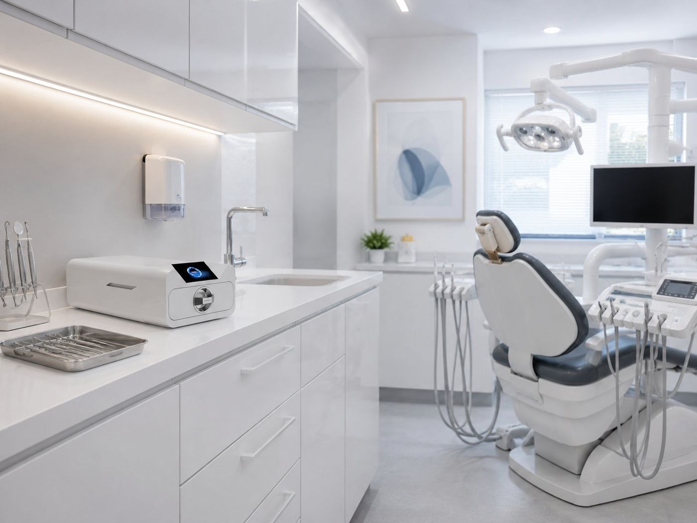 Autoclave Enbio S sobre la encimera de una clínica dental moderna junto al sillón